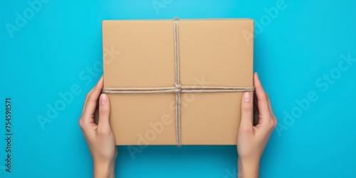Generated imageWoman's hands holding a brown cardboard package with natural twine against a bright blue background. © DailyStock