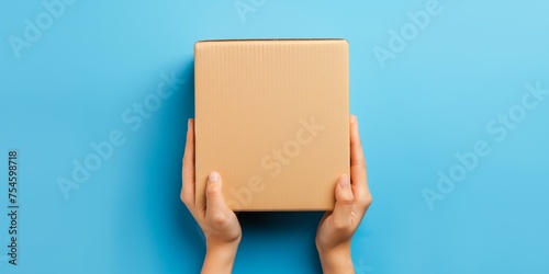 Woman's hands presenting a plain brown cardboard box on a vibrant blue background.