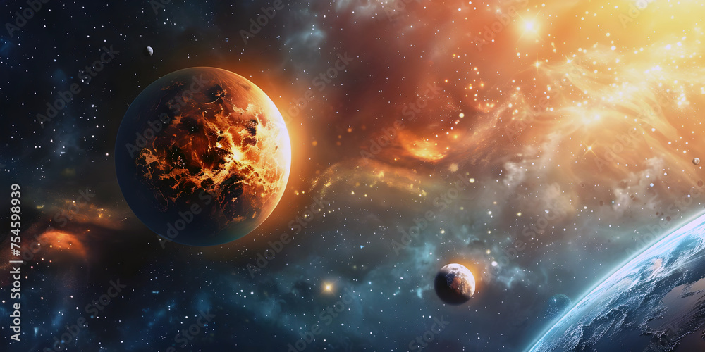 Panorama ,stars, space, suns , astronomy, universe, and planets background, wallpapers. AI generated.	