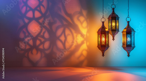 Elegant arabic lanterns on gradient Ramadan Kareem background with empty space for text. Mubarak holiday creative concept design for invitations, greeting card for congratulatory letter email backdrop © SappiStudio