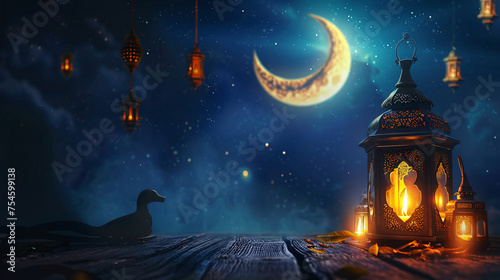 Glowing luxury crescent moon and burning lanterns on traditional Ramadan Kareem background with text area, in the night fantasy ornate minaret illuminated, concept holiday banner theme decorated