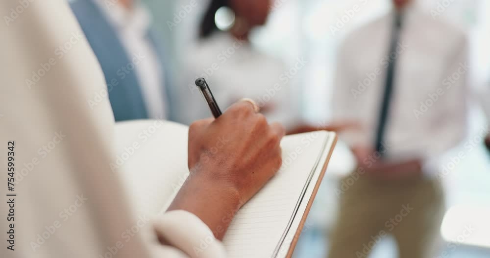 Person, hands and writing with book in meeting for schedule planning, reminder or business at office. Closeup of employee taking notes in notebook for ideas, plan or report in discussion at workplace Person, hands and writing with book in meeting for schedule planning, reminder or business at office. Closeup of employee taking notes in notebook for ideas, plan or report in discussion at workplace