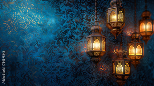 Glowing lanterns on intricate islamic pattern background for Ramadan Kareem Happy Mubarak, Eid al Fitr and Eid al Adha illustration, decoration greeting banner with copy space, festival poster elegant © SappiStudio