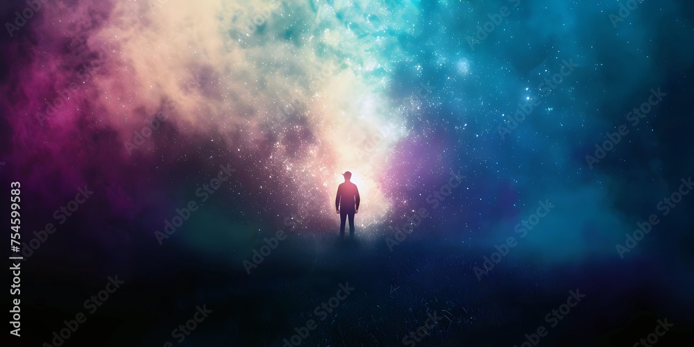 Man silhouette looking up into the stars. AI generated