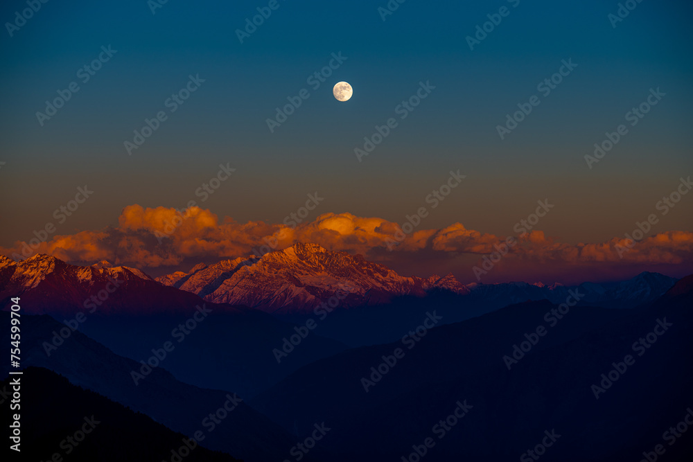 Moonrise over the Himalayan Mountains from Murma Top, Nepal