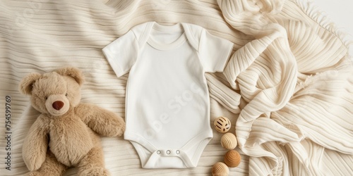 Simple and elegant baby short-sleeve bodysuit beside a fluffy teddy bear and greenery on a neutral background. photo