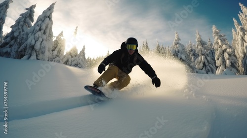 Active person riding snowboard on snowy hill photo