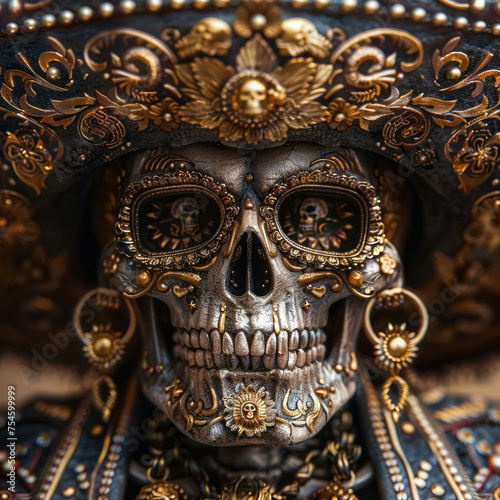 ornate golden skull art piece, cinco de mayo elegant decoration, the day of dead celebration