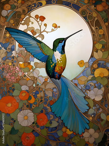 Wallpaper Mural Decorative art nouveau illustration of a hummingbird in an ornate decorative floral background Torontodigital.ca