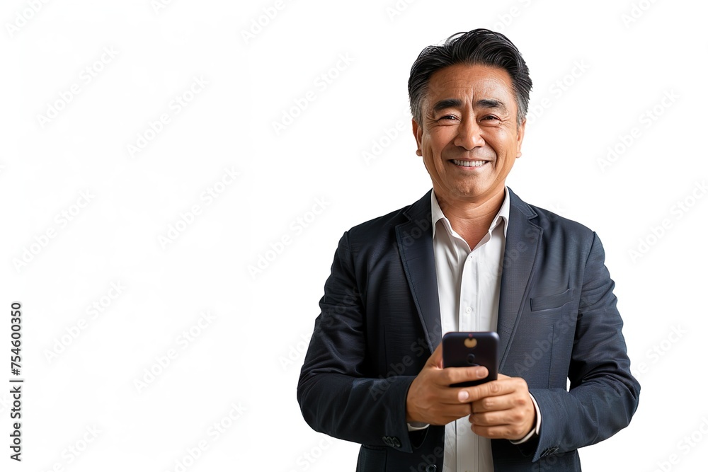 A middle-aged office professional Asian man, well dressed but still casual, holding his phone, looking with a friendly smile, he looks in charge, shot with a portrait lens, plain white background A middle-aged office professional Asian man, well dressed but still casual, holding his phone, looking with a friendly smile, he looks in charge, shot with a portrait lens, plain white background