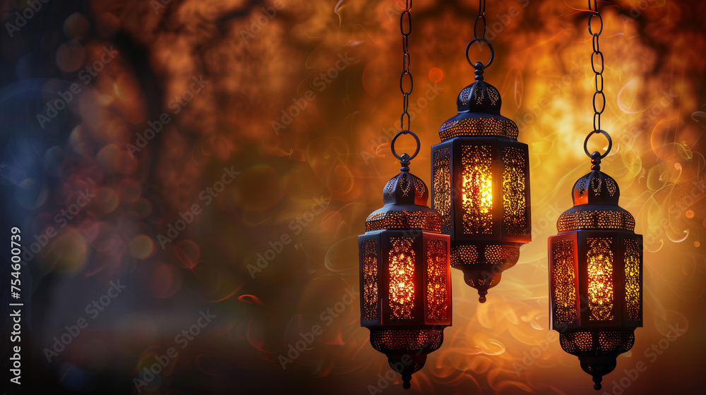 Ornate Arabic sparkling gold lanterns on traditional Ramadan Kareem background in shades of turquoise and dark blue banner design. Islamic celebration background with golden lanterns, star ornaments