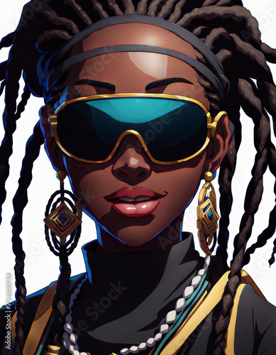 A cartoon style portrait of a beautiful woman with braids wearing sunglasses.  photo