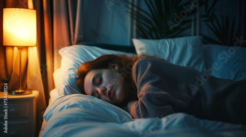 A woman sleeping in bed at night, she is wearing pajamas and has her eyes closed. The room is dimly lit by the lamp on the bedside table. She looks peaceful with soft features and long hair