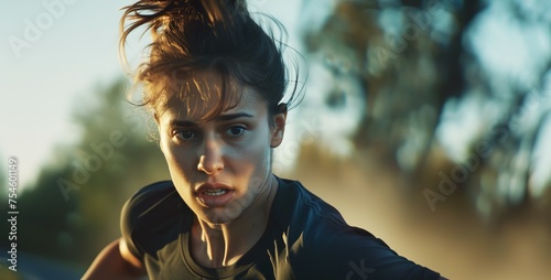 A cinematic still of an attractive female running. She has short hair in a messy bun and is wearing black athletic wear, outside at dusk in a close up shot from a low angle photo
