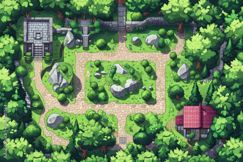 Fototapeta premium Pixelated village for game map. pixel map in the game. pixelated village maps in the game. Pixel art concept of village. Abstract pixelate landscape background.