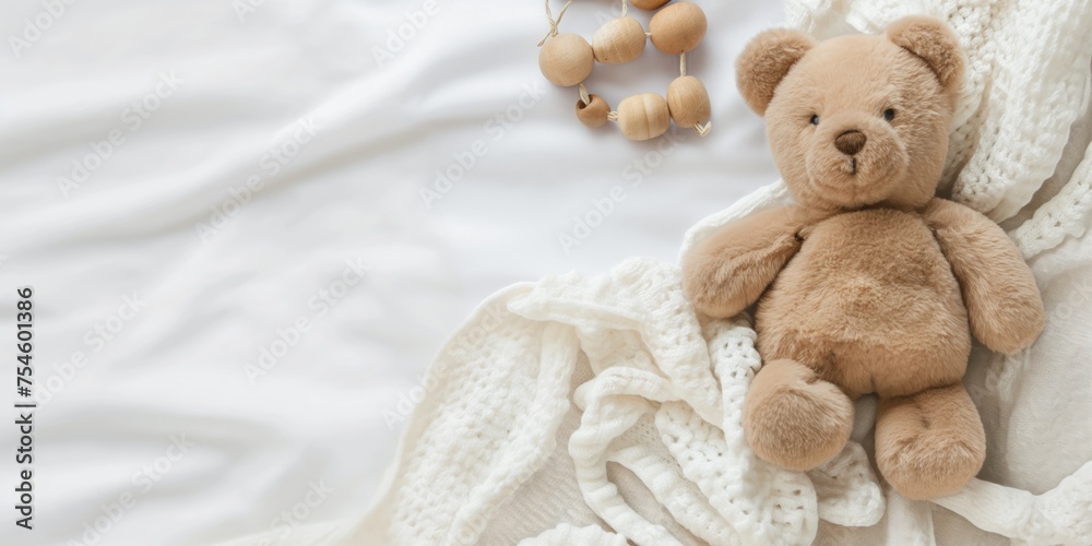 Soft beige teddy bear alongside a wooden rattle toy, laid out on a white blanket with gauzy fabric, symbolizing innocent and classic childhood comfort. - obrazy, fototapety, plakaty 