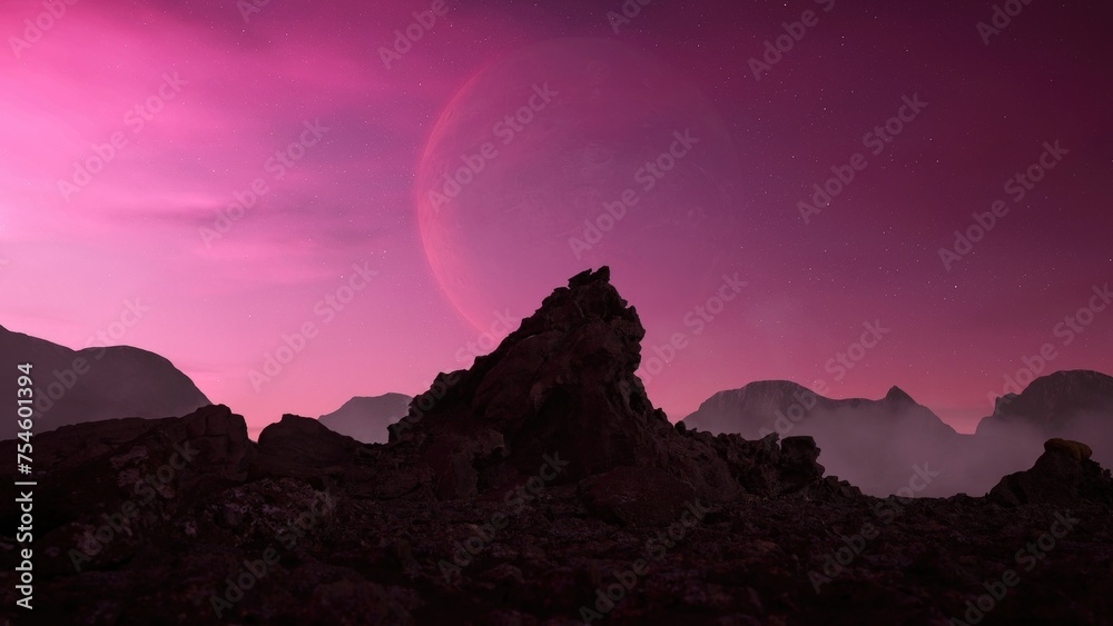 Scenic view of a rocky, rugged mountain peak. Twilight, dramatic sky with stars and a planet. Sunrise, sunset. 3d Rendering.