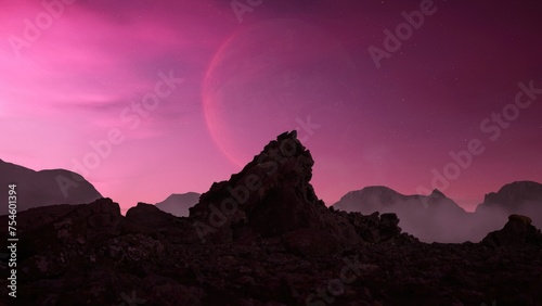 Scenic view of a rocky, rugged mountain peak. Twilight, dramatic sky with stars and a planet. Sunrise, sunset. 3d Rendering.