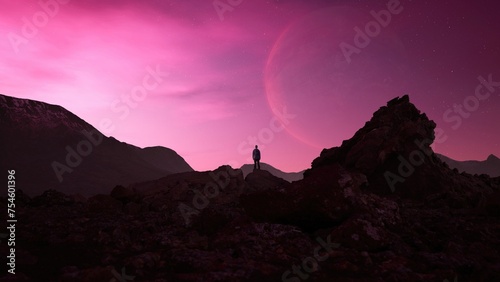 Adventurous Man Hiker on a rocky, rugged peak. Twilight, dramatic sky with stars and a planet. Sunrise, sunset. 3d Rendering.