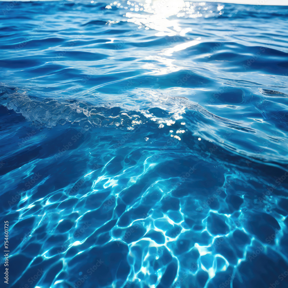 Blue water surface with sun reflection. Water surface with sun reflection. AI generated illustration.