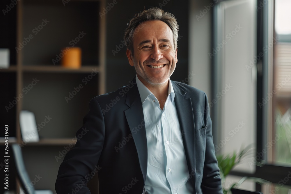 Happy business man wearing suit standing in office Happy business man wearing suit standing in office