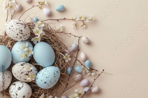 Easter eggs with sweets and flowers on beige background. Happy Easter concept.