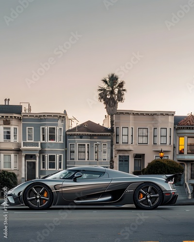Sleek Grey Sports Car Gleams in Morning Cityscape © Lin_Studio