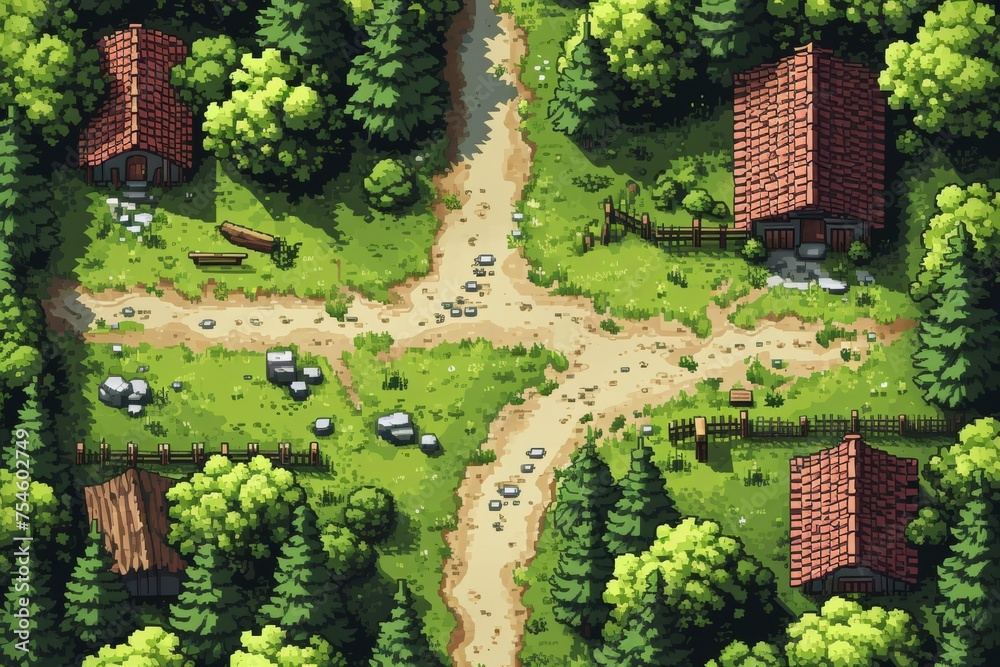Pixelated village for game map. pixel map in the game. pixelated village maps in the game. Pixel art concept of village. Abstract pixelate landscape background. Pixelated village for game map. pixel map in the game. pixelated village maps in the game. Pixel art concept of village. Abstract pixelate landscape background.