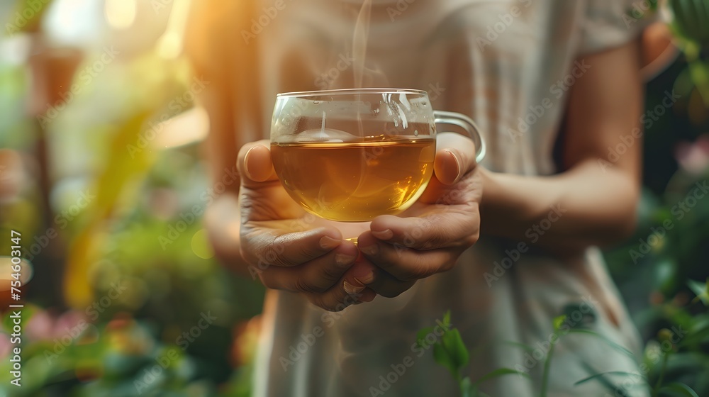 Asian person drinking tea for health with a glass transparent cup full of tea in people hands
