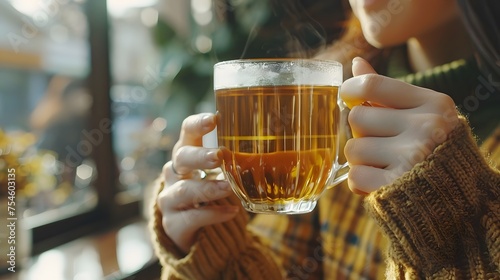 Asian person drinking tea for health with a glass transparent cup full of tea in people hands 