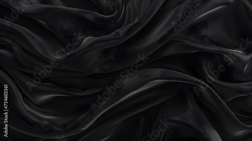 Beautiful background luxury cloth with drapery and wavy folds of black color creased smooth silk satin material texture. Abstract monochrome luxurious fabric background