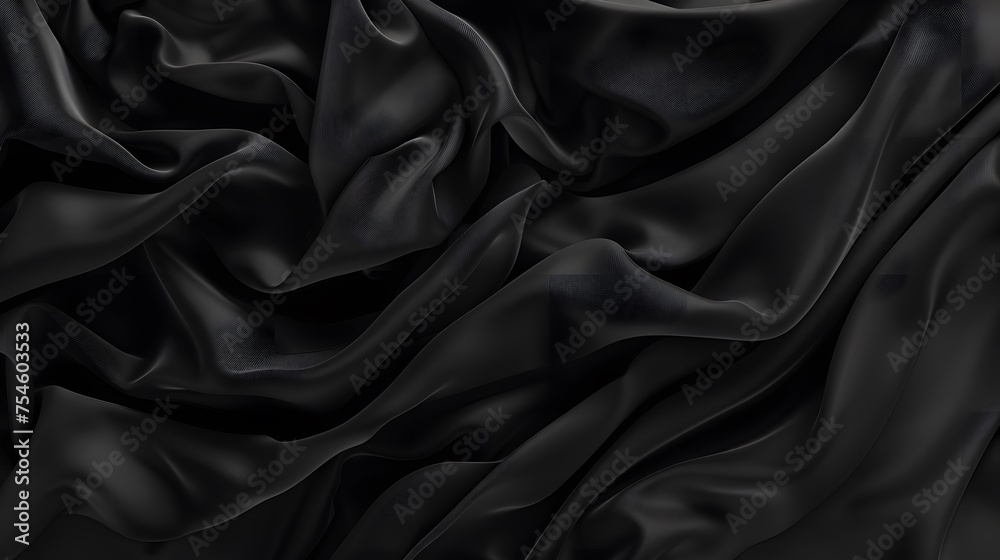 Beautiful background luxury cloth with drapery and wavy folds of black color creased smooth silk satin material texture. Abstract monochrome luxurious fabric background - obrazy, fototapety, plakaty 