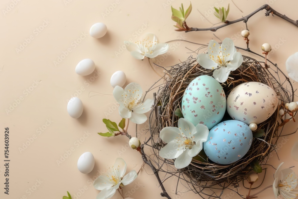 Easter eggs with sweets and flowers on beige background. Happy Easter concept. Easter eggs with sweets and flowers on beige background. Happy Easter concept.