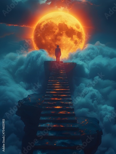 A man stands on a ledge looking up at a large orange moon