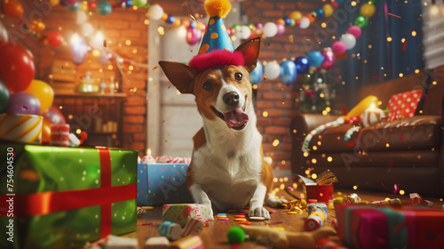 a pet dog wearing a birthday hat, surrounded by presents and toys, enjoying the festivities