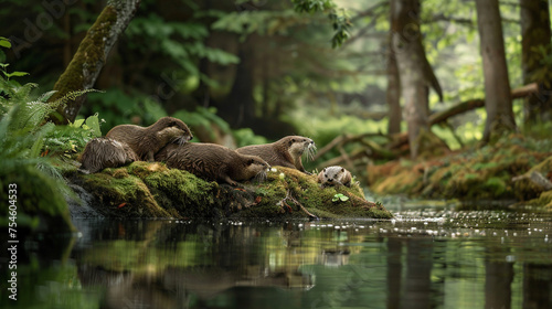 A playful group of otters sliding down 