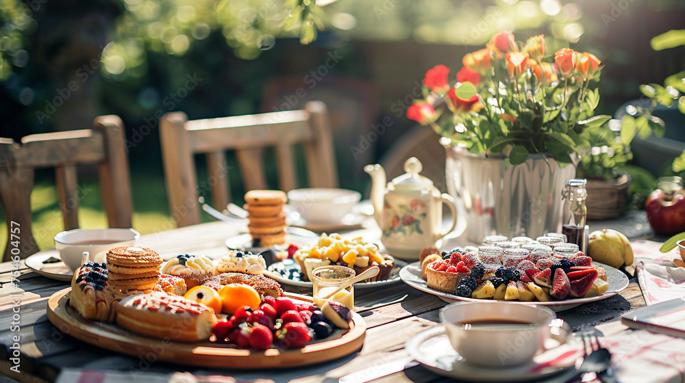 a birthday breakfast spread with pastries, fruits, and freshly brewed coffee served on a sunlit patio