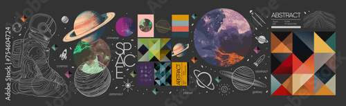 Basic RGBAbstract art space objects. Vector modern trendy illustrations of planets, line art, universe, galaxy, seamless geometric pattern for poster, brochure or background