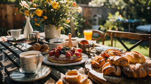 a birthday breakfast spread with pastries, fruits, and freshly brewed coffee served on a sunlit patio on the table