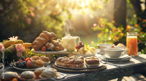 a birthday breakfast spread with pastries, fruits, and freshly brewed coffee served on a sunlit patio realistic photo