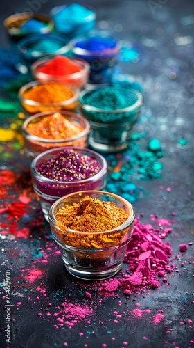 Coloured Pigments in Glass Containers. Colourful Holi Celebration Concept with Copy-space.