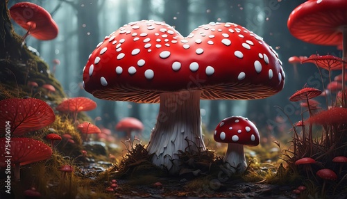 A fantasy forest filled with huge red and white mushrooms. 