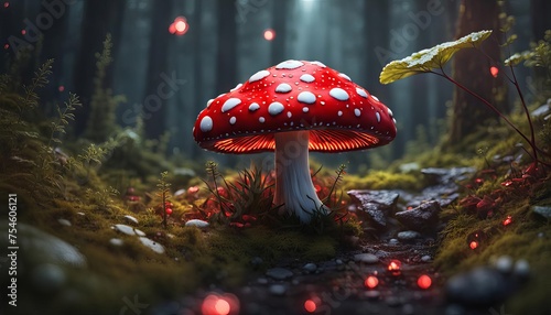 A fantasy forest filled with huge red and white mushrooms. 