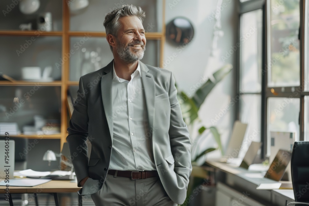 Happy business man wearing suit standing in office