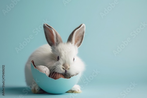 Easter bunny with chocolate easter egg on blue background, easter concept © raquel