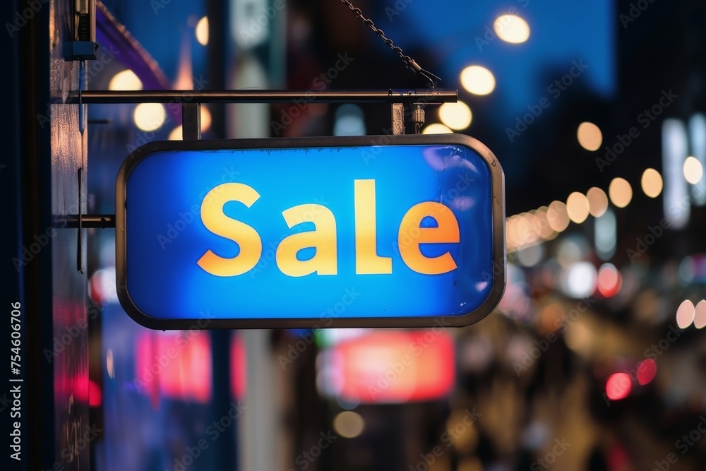 A new and polished sign showing the word Sale with a blurred shop in the background.