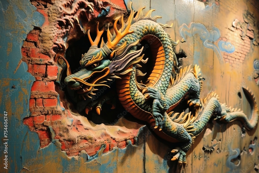 Obraz premium A three dimensional dragon comes out of a painting on a wall.