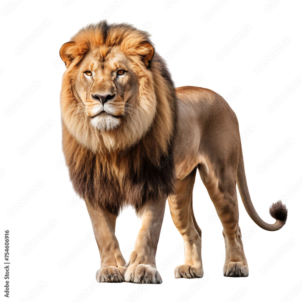 Portrait of a Lion standing front view, wildlife animal, isolated on transparent background
