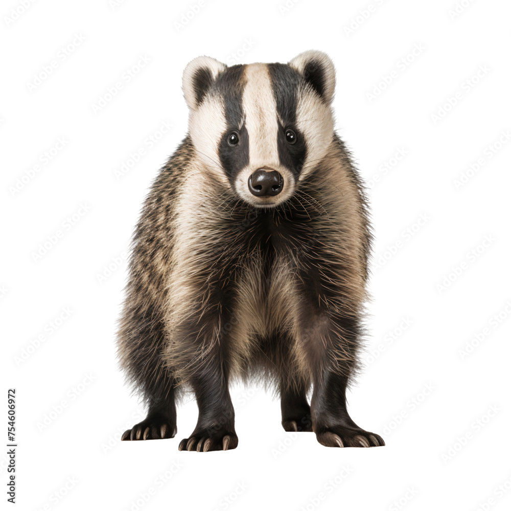 Close up of a badger standing front view, wildlife animal, isolated on transparent background