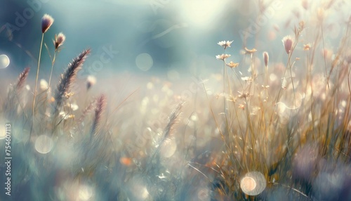 melancholic meadow of swaying grasses and wildflowers in the mist